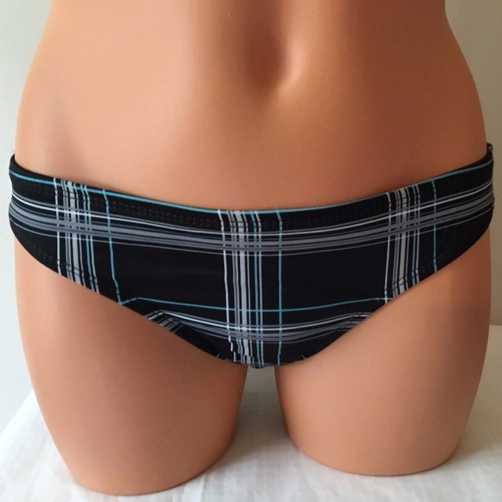 New Hurley Hipster Bikini Swim Bottom Black Aqua Grey Plaid Size Small